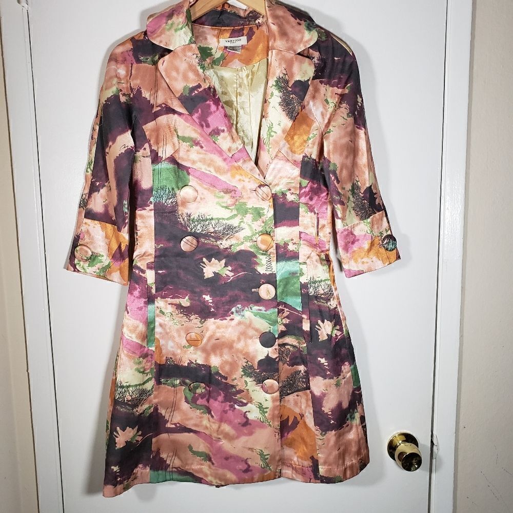 Vertigo Paris Abstract Satin Silky Trench Coat Jacket Size XS